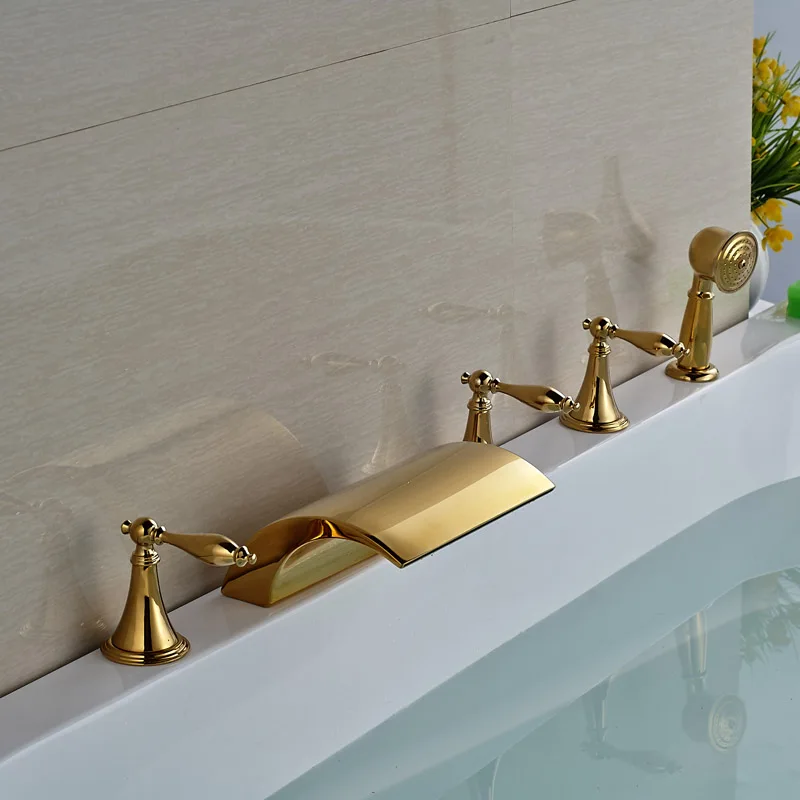 Golden Tub Faucet A Роскошный широко распространенный латунный кран для ванной 5 шт. Золотой смеситель для ванной с ручной душевой бортике - Цвет: Golden Tub Faucet A