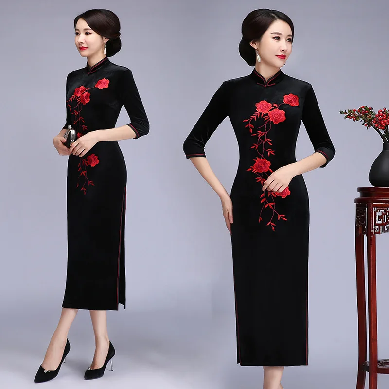 Весенние женские бархатные Qipao элегантные цветочные Чонсам с коротким рукавом Традиционный Мандариновый воротник с высоким разрезом тонкое платье вечерние платья