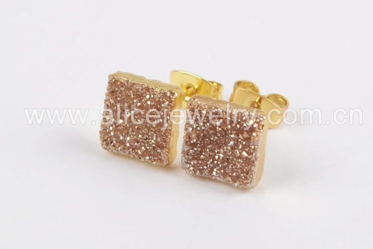 Champagne BOROSA 5 пар Druzy серьги, 8 мм квадратный натуральный золотой цвет горный хрусталь кристалл Титан Радуга запонка с друзами серьги для Для женщин G1279 - Окраска металла: Champagne