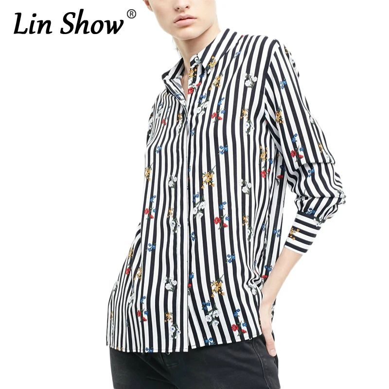 LINSHOW Полосатый Цветочный Печатных Черная Женщина Блузка С Длинным Рукавом