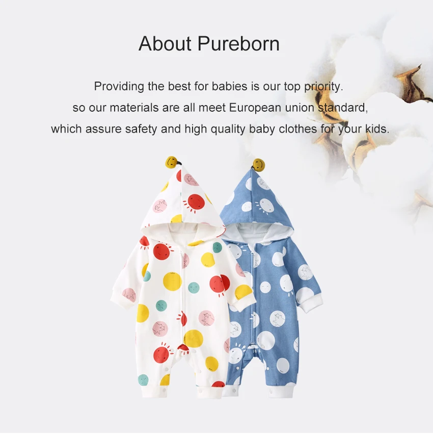 Pureborn/комбинезон для маленьких мальчиков и девочек; комбинезон в разноцветный горошек с длинными рукавами на молнии; хлопковая одежда с капюшоном; весенне-осенняя одежда