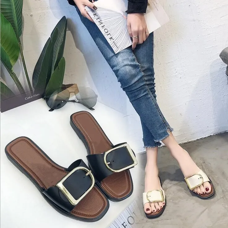 

EFFGT 2018 New Women Shoes Summer slipper PU Leather Peep Toe Ladies Flat Sandals Female Beach Flip Flops Woman slipper