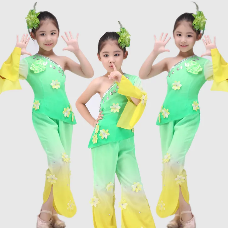 Children's National Costumes Chinese Folk Dance Yangko Clothing iFan Clothes Jasmine Flower Drum | Тематическая одежда и