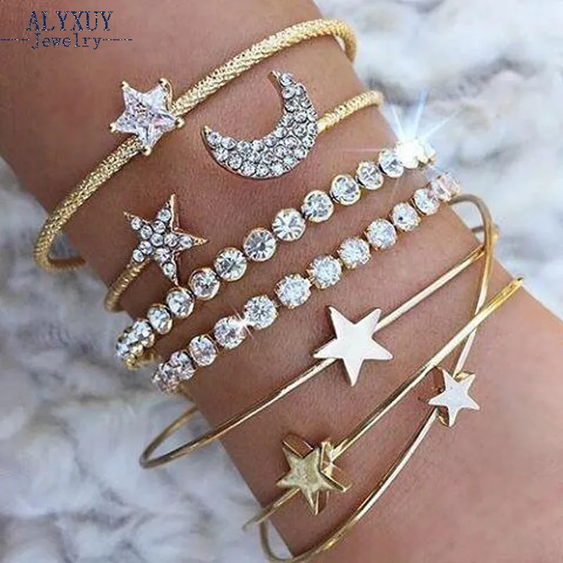 Новинка модные ювелирные изделия Звезда Луна Сердце Хрустальный Браслет манжета