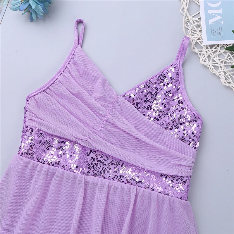 

YiZYiF Girls Children Sequined V-Neck Irregular Hem Latin Dance Costume Lyrical Ballet Dress Ballerina Stage Perform Dresses