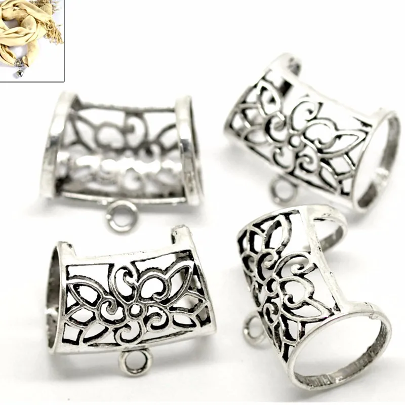 

25 Pcs Silver Tone Flower Hollow Out Bail Beads For Wrap Scarf Jewelry Finding Component 3.3x2.8cm