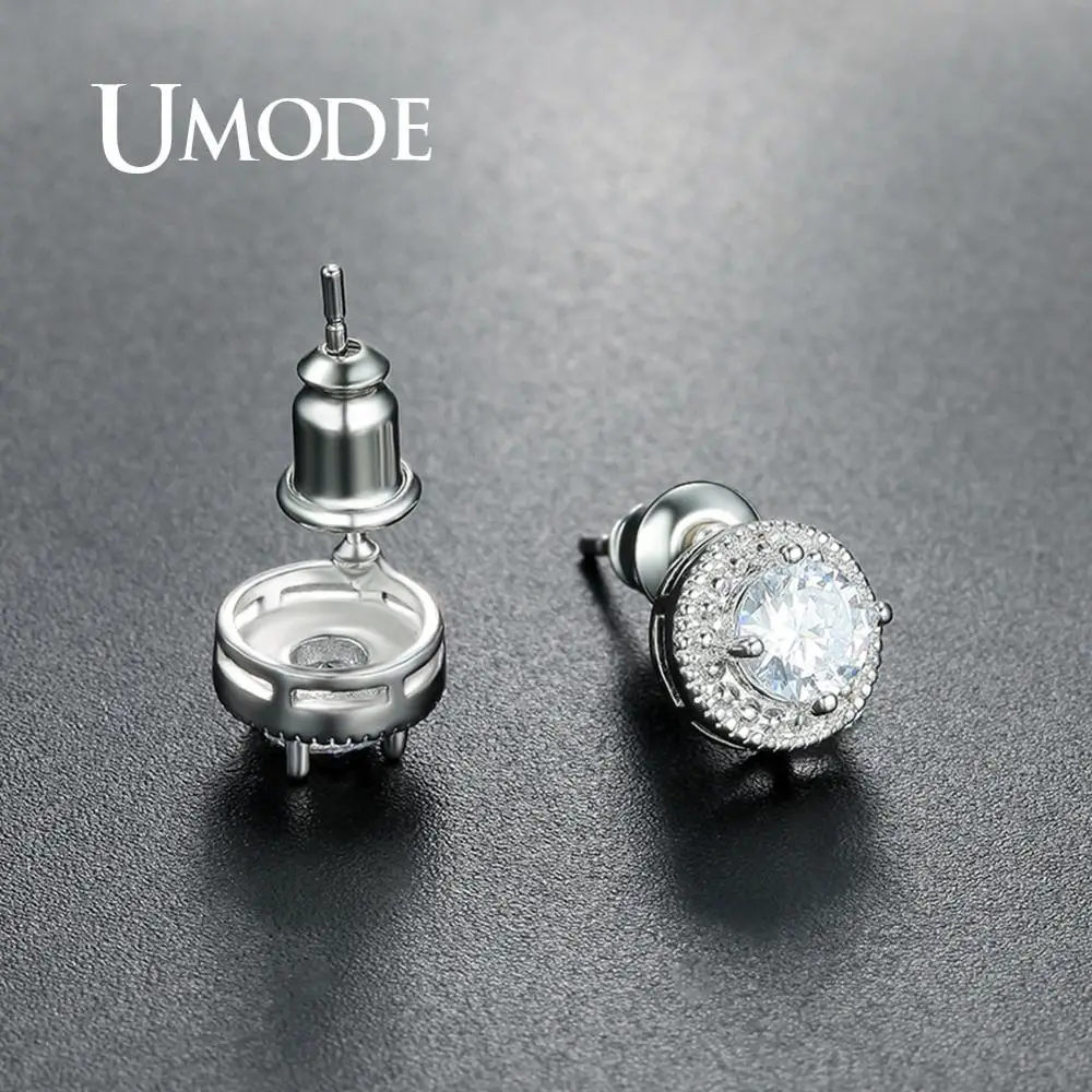 Женские круглые серьги гвоздики UMODE простые из белого золота с кубическим