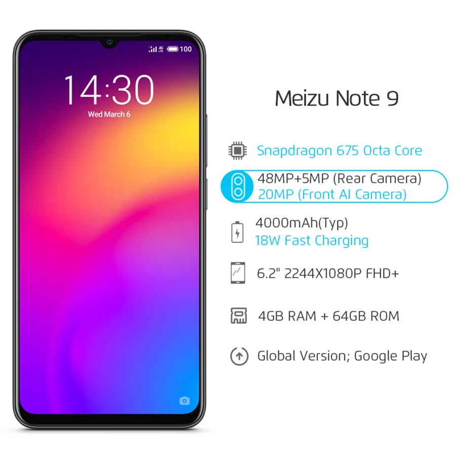Meizu Note 9 смартфон с восьмиядерным процессором Snapdragon 675 ОЗУ 4 Гб ПЗУ 64 ГБ 48 МП |