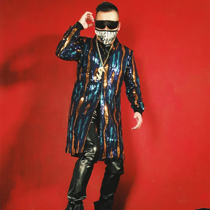 

M-6XL!!Fashion fashion male singer DJDS sequin costumes long coat nightclub GOGO bar hairdresser stage costumes.