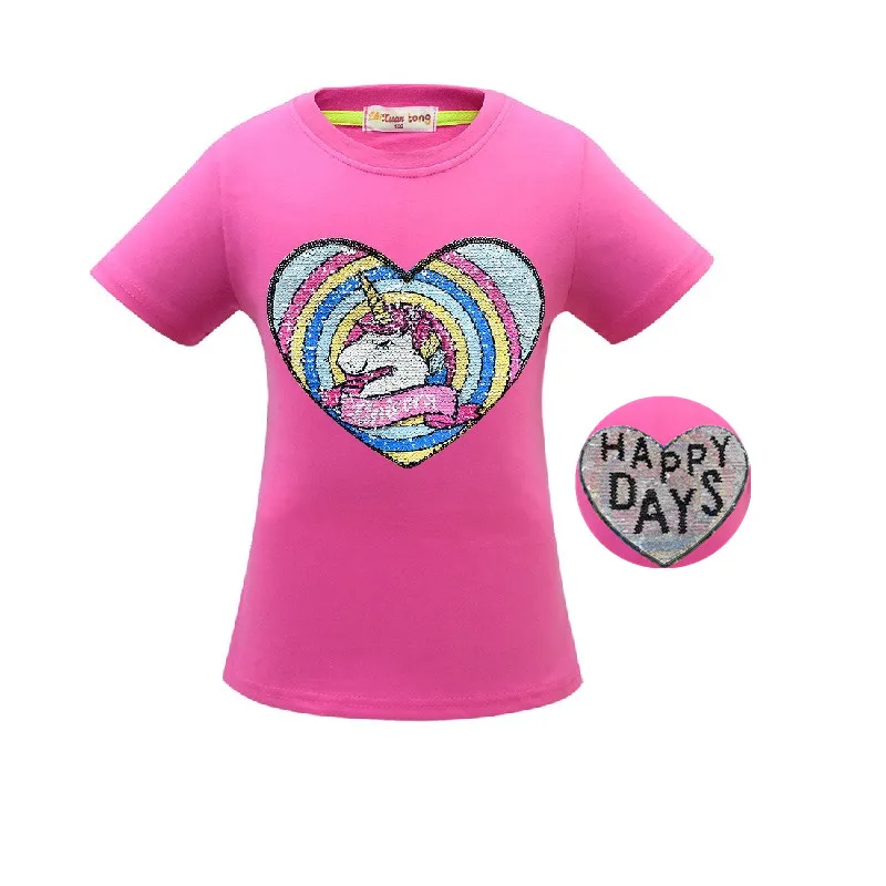 3485 Rose Футболка с единорогом летняя одежда для маленьких девочек Camiseta Unicornio, футболка топы для девочек, Femme, Детская футболка, Enfant, для дня рождения, цветная, с блестками - Цвет: 3485 Rose