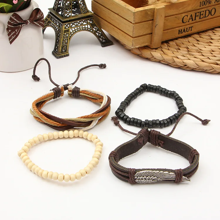 Модные 4 шт набор мужские браслеты и Многослойный кожаный браслет мужской ретро