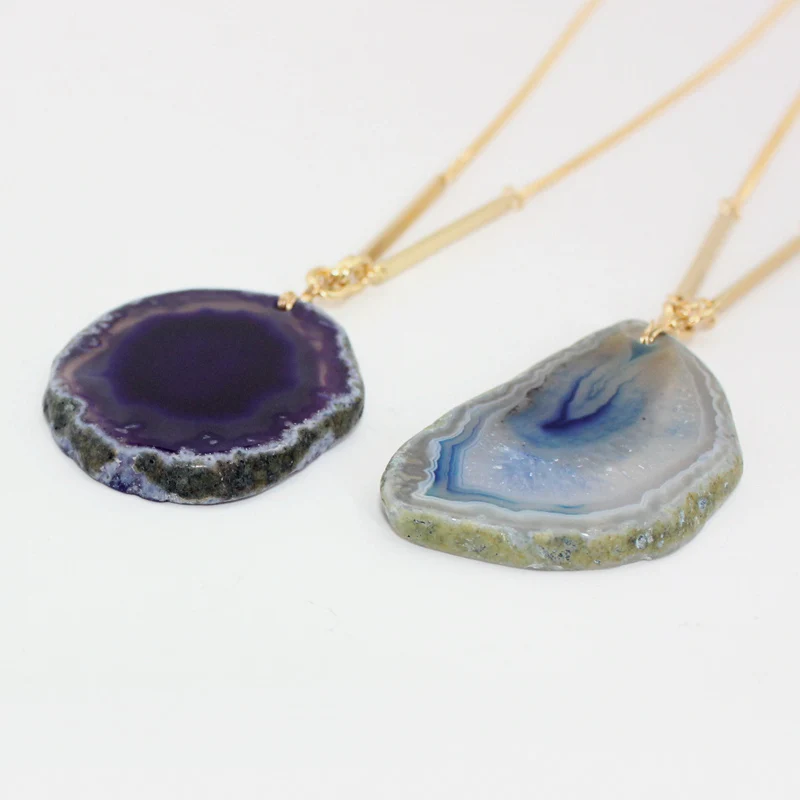 Кулон женские золотые Цвет цепи натурального камня украшения Druzy Geode ожерелья для