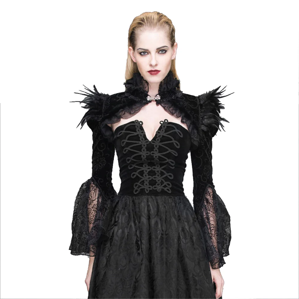

Gothic Steampunk Women Feathers Capes Lace Tassel Wraps Long Horn Sleeve Pashmina Shawl Cardigan Outwear