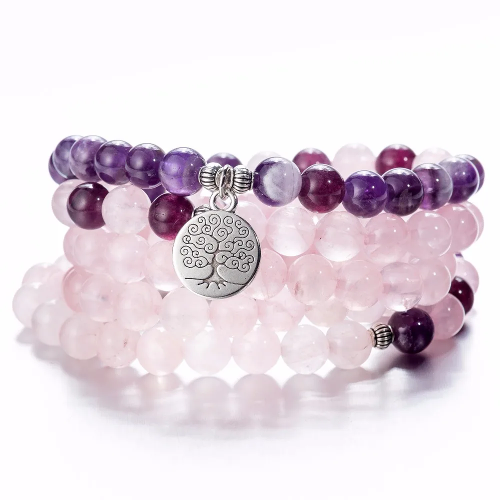 purple tree Женские 108 бусины, розовые камни, эластичные браслеты, Lotus OM, Будда, молитва, любовь, массивные ювелирные изделия - Окраска металла: purple tree