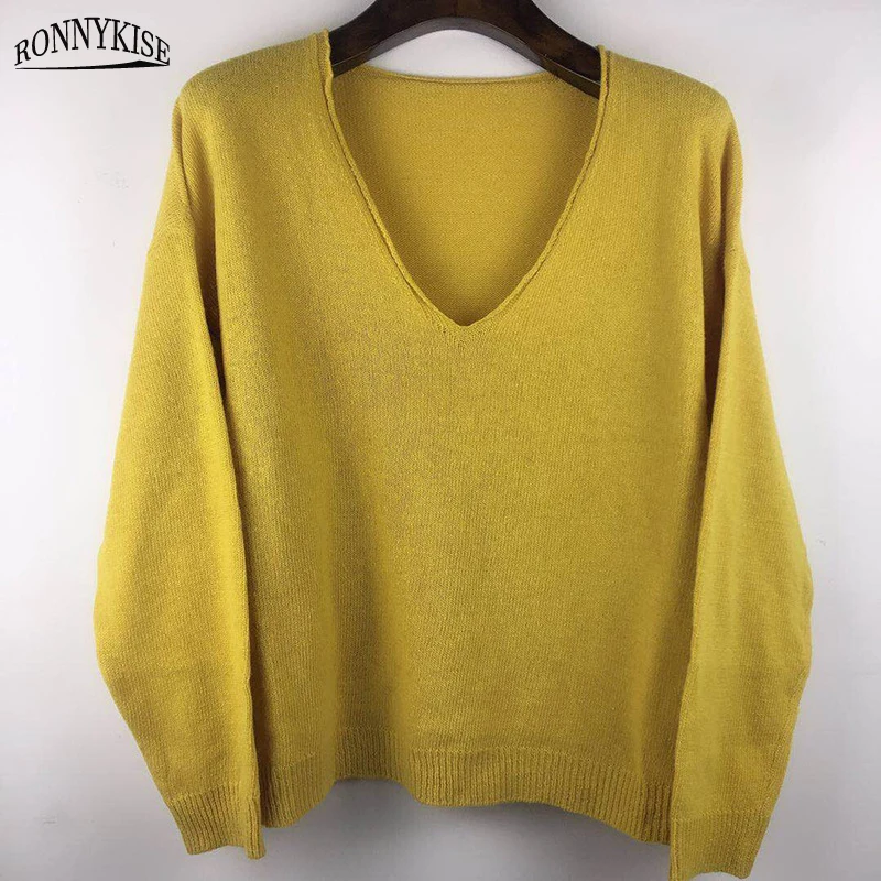 RONNYKISE Sexy V-neck Knitted Sweaters Women Fashion Long Sleeve Casual Tops Autumn Winter | Женская одежда
