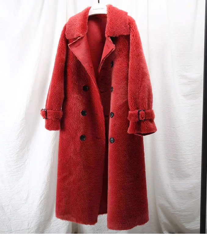 OFTBUY winter coat women windbreakers natural wool lamb fur sheepskin faux leather long trench coat Double-breast jacket