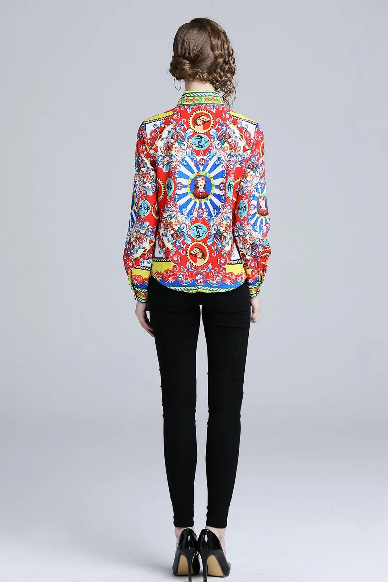 Fashion new Spring Autumn women turn-down collar casual European style pattern print shirts long sleeve office lady work |