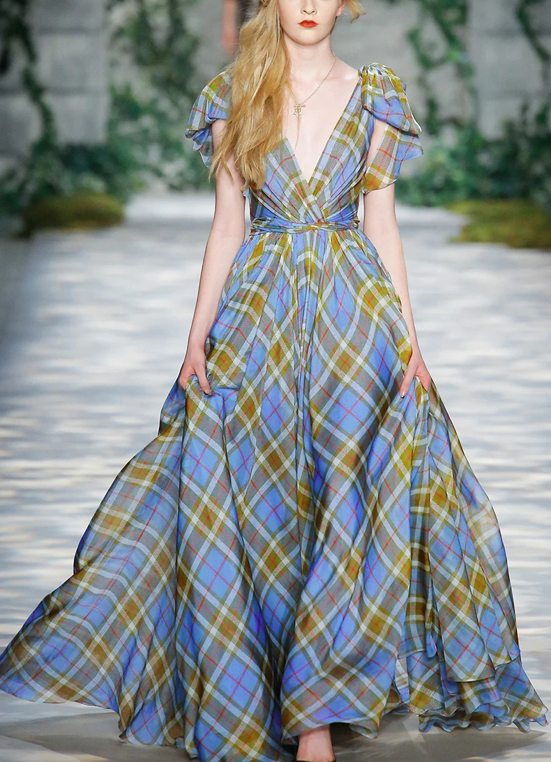 

See Orange Butterfly Sleeve Plaid Maxi Dress Women Sexy V Neck Beach Dress Chiffon Summer Dress 2018 SO6790