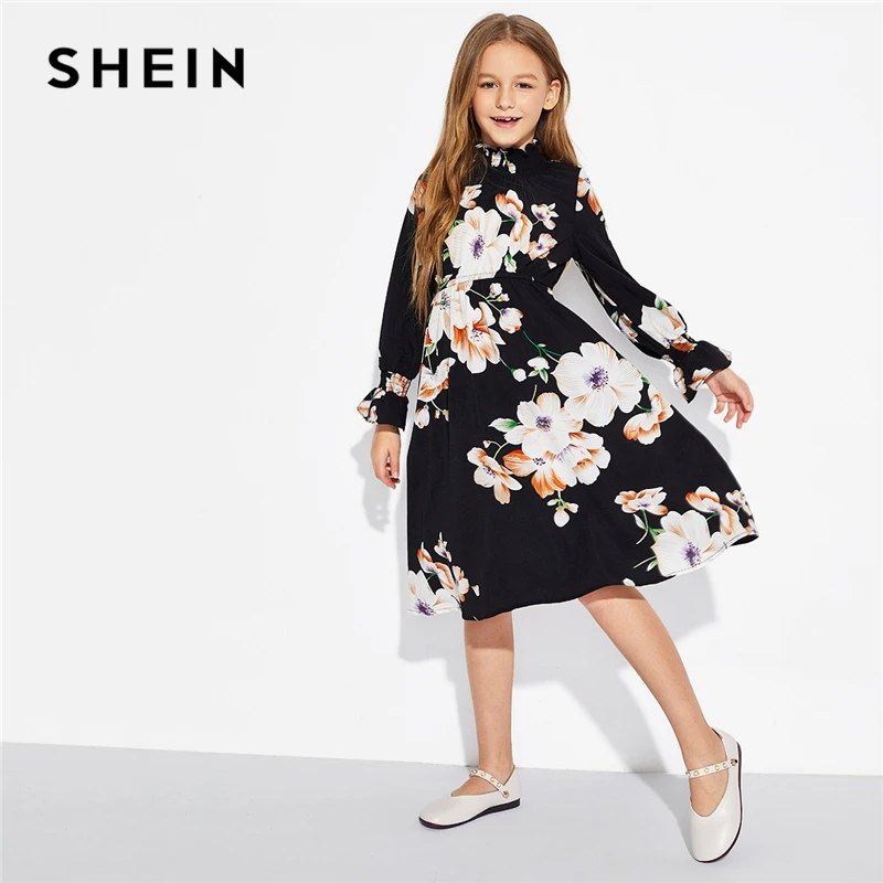 SHEIN/элегантное платье для девочек с цветочным принтом и стоячим воротником; одежда для детей; коллекция года; сезон весна; корейские Повседневные платья трапециевидной формы с длинными рукавами
