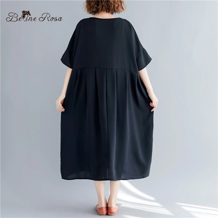 BelineRosa Simple Casual Black Color Dress in Big Sizes High Waist Loose Style Women Dress Cotton Linen Natural CLothesBSDM0250