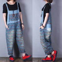 free shipping 2019 fashion ladies print overalls wide leg cotton loose jumpsuits and rompers with pockets ankle length jumpsuits