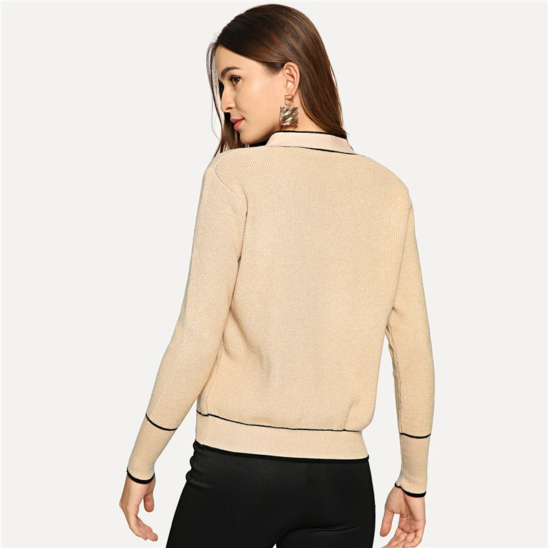 Dotfashion, абрикосовый, контрастный, с завязками на шее, джемпер для женщин, Повседневный, осень, простые, на бретелях, с длинным рукавом, Женский пуловер, свитер