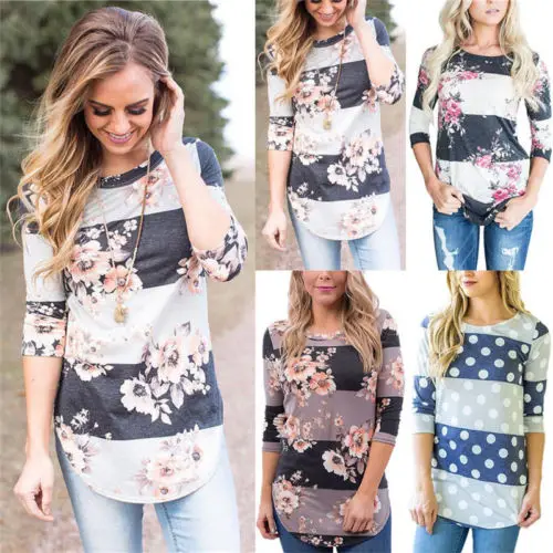 Женская футболка в горошек с рукавом 3/4 и цветочным принтом|tee top|fashion teesfashion t-shirt |