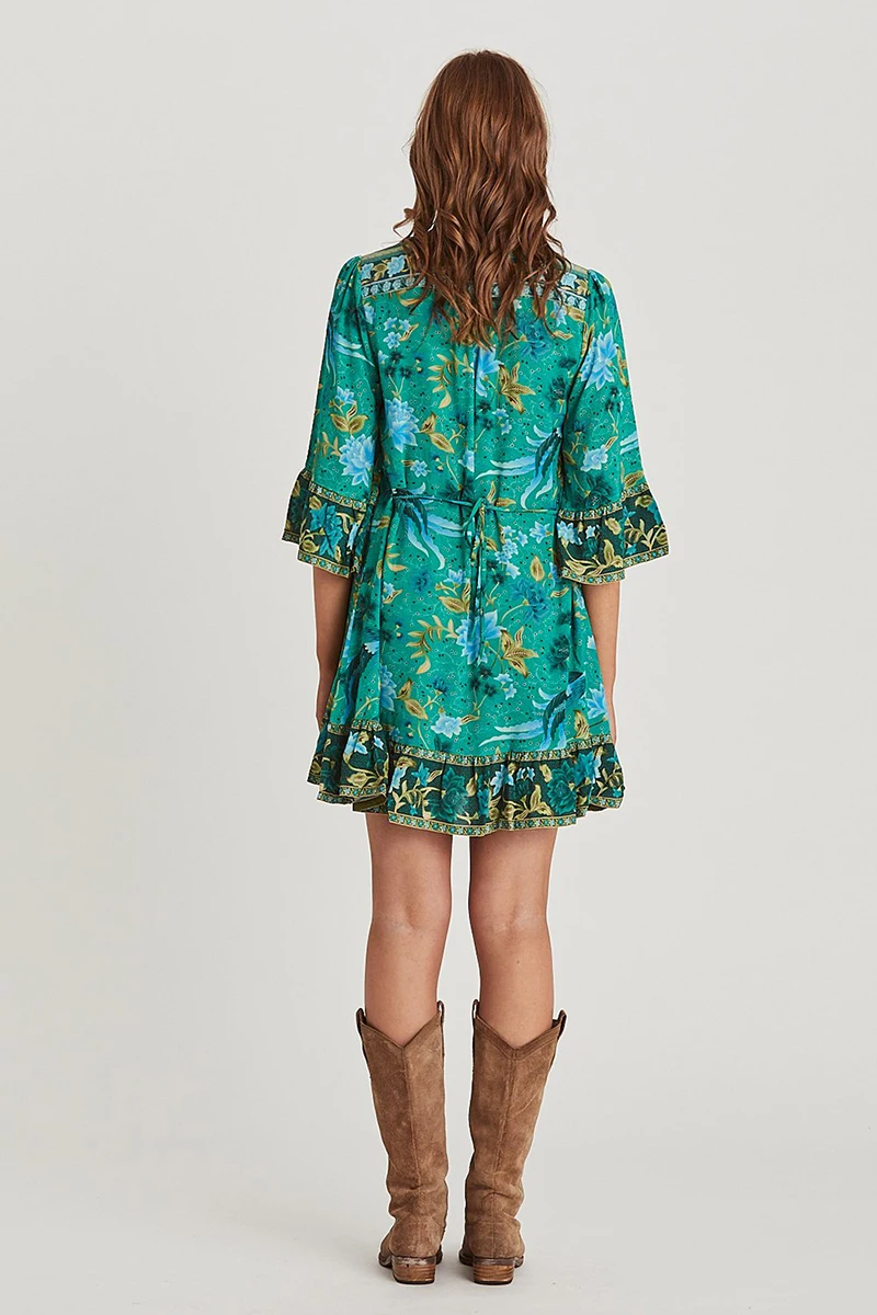 TEELYNN mini dresses for women flare sleeve Malachite green BOHO Dresses rayon ILONA Forest floral print summer Dresses vestido