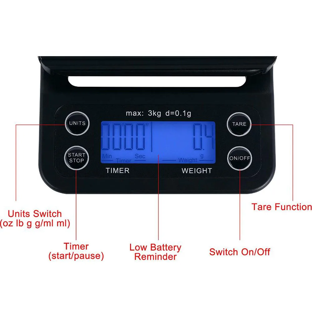 Портативные электронные весы с таймером 3кг/0 1 г LCD Цифровые кухонные кофейные
