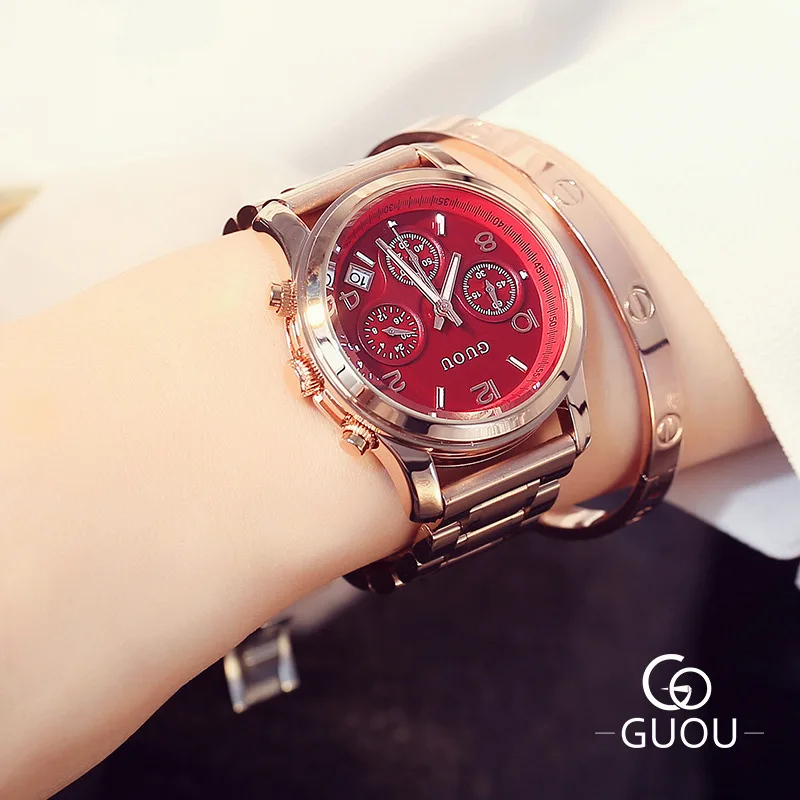 GUOU люксовый бренд 3 глаза из нержавеющей стали розовое золото водонепроницаемые