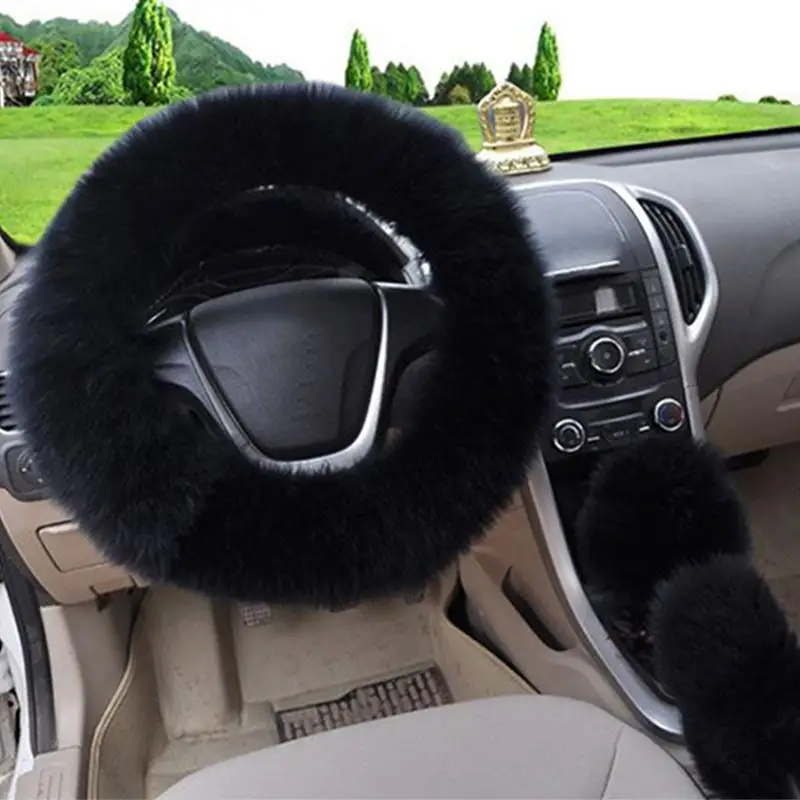 3pcs Black 3 шт./компл. Зимняя шерстяная одежда Чехол рулевого колеса автомобиля с австралийской шерсти с подогревом меха рулевое колесо крышка стояночного тормоза Шестерни переключения крышки - Название цвета: 3pcs Black