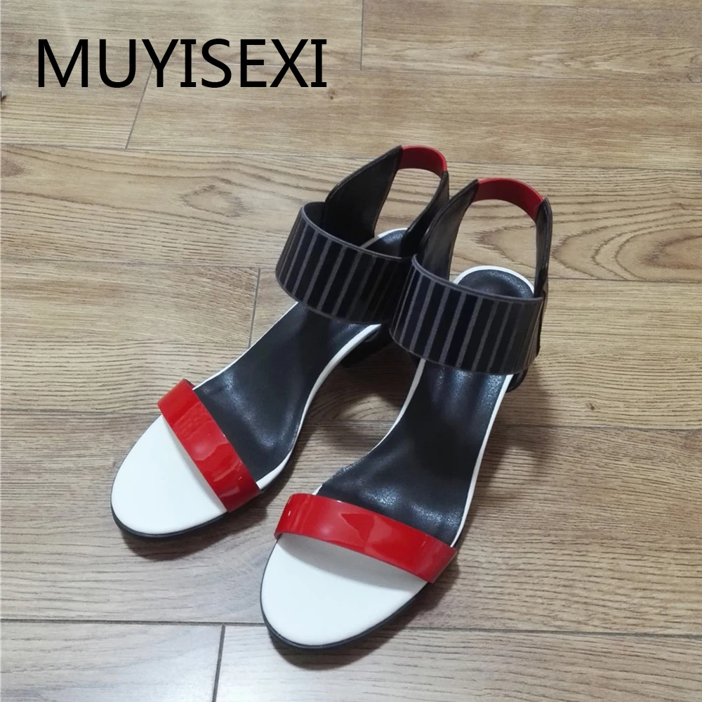 Красные женские босоножки Летние разноцветные сандалии женщины клин из