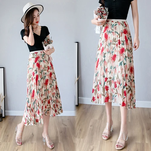 

Fashion Woman's 2019 New Elegant Casual Skirts Womens Print Chiffon High Waist Jupe Femme Beach Mid-calf Sommer Rock