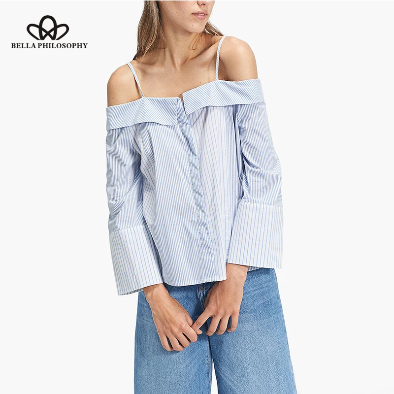 Wonder new summer women fashion off shoulder striped patchwork blouses long sleeve adjustable straps shirts female blusas |