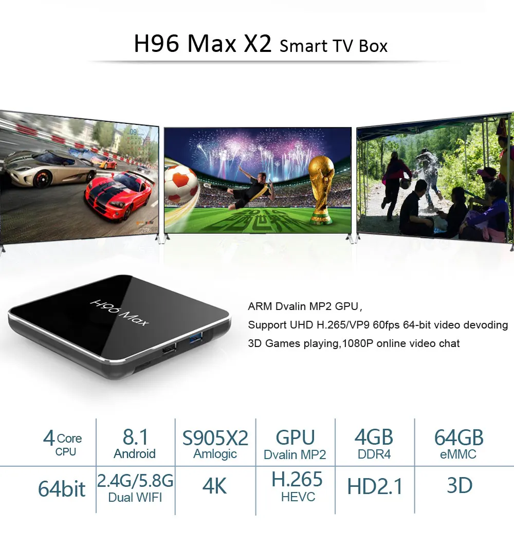 H96 Max X2 Android 8,1 Смарт ТВ BOX Amlogic S905X2 LPDDR4 4 ядра, 4 Гб 64 Гб 2,4 г& Wi-Fi 5 ГГц Wi-Fi, BT USB3.0 H.265 4K IPTV Set-top BOX
