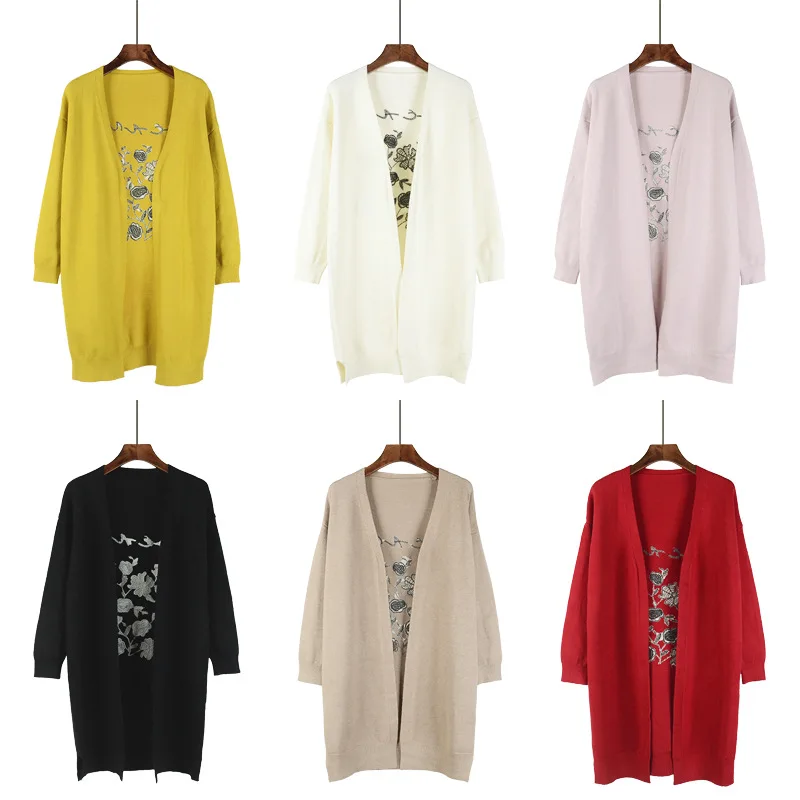 Женский длинный кардиган ALPHALMODA с вышивкой ярких цветов V образный вырез