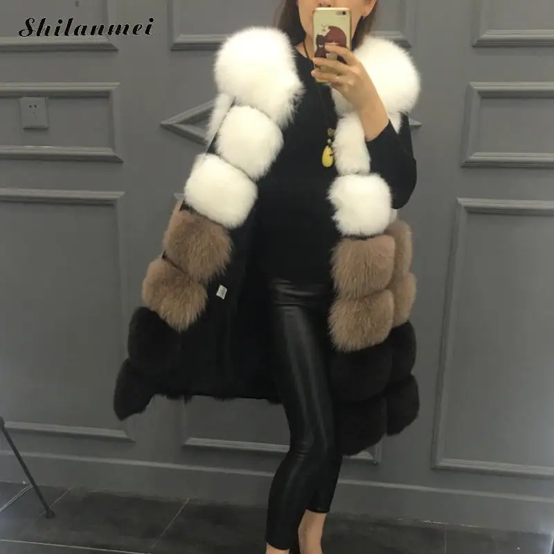 

New Fashion 2018 Winter Women's Fur Vest Coat Warm Long Fox Fur Waistcoat Loose Spell Color Female Fur Vest Coat Outwear Jacket