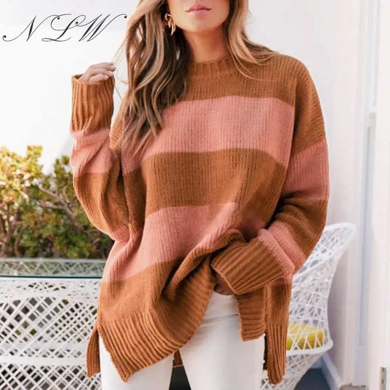 NLW Stripe Oversized Women Sweater Autumn Winter Plus Size Jumper Casual Loose Long Sleeve Pullover Streetwear | Женская одежда