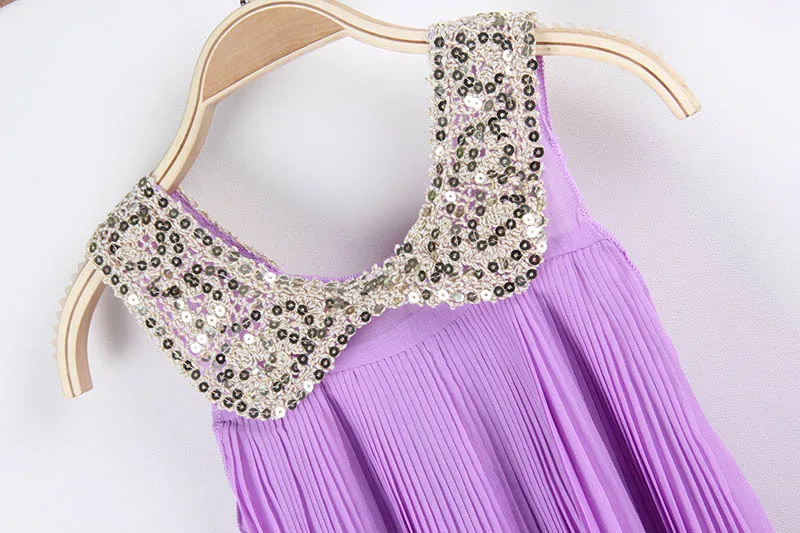 Hot sale! 2019 Summer Girls Pleated Chiffon One-Piece Dress With Paillette Collar Children Colthes For Kids Baby Pink/Green | Детская