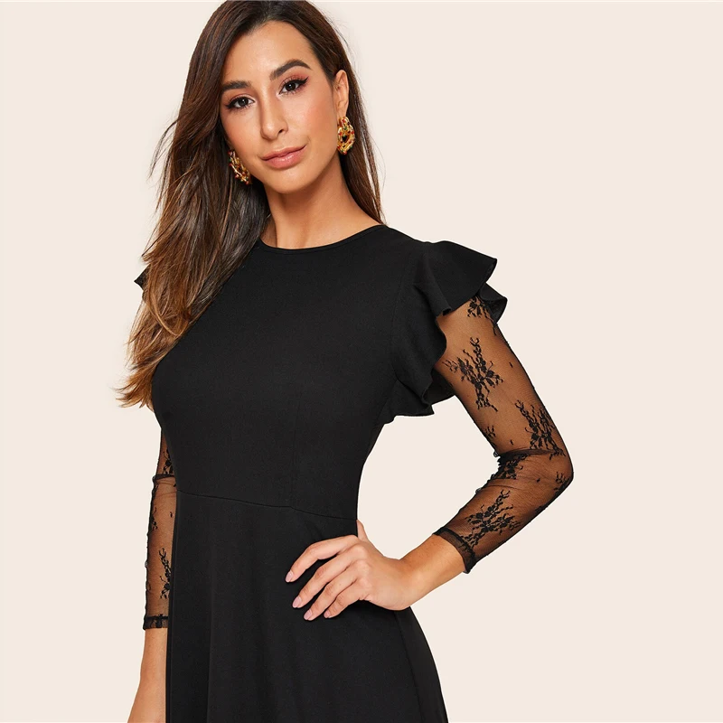 SHEIN кружевное платье с оборками и расклешенными рукавами Гламурное женское черное однотонное платье трапециевидной формы с длинным рукавом
