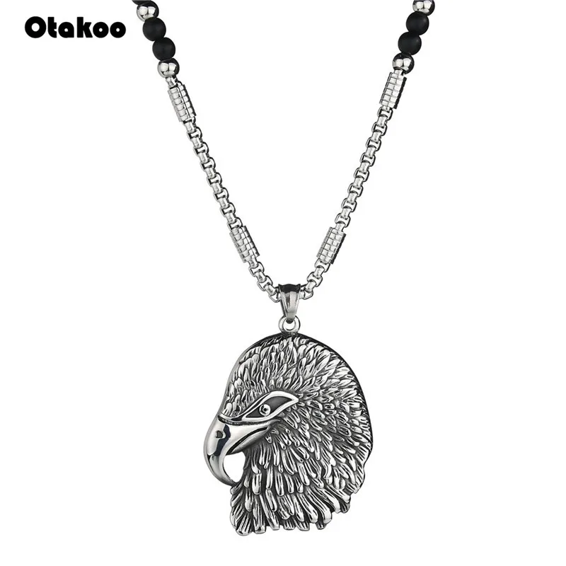 Otakoo African Glass Beads Long Chain Necklaces For Men Punk Stainless Steel Eagle Head Pendant Statement Jewelry | Украшения и