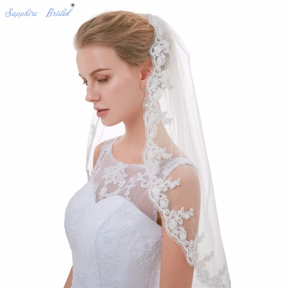 

Sapphire Bridal 100% Real Photos Single Layer Vintage Lace Edge Bridal veils duvak voile de mariee White Ivory Wedding Veil Hot