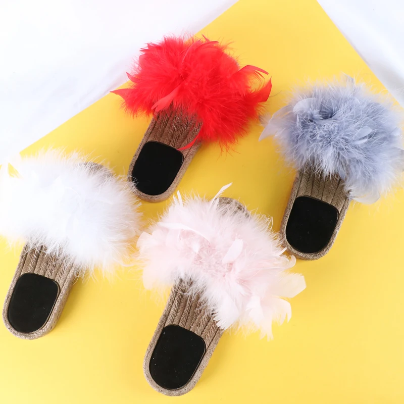 Тапочки с перьями страуса; домашние тапочки из пеньковой веревки; женские тапочки; женские милые мягкие и удобные летние Тапочки