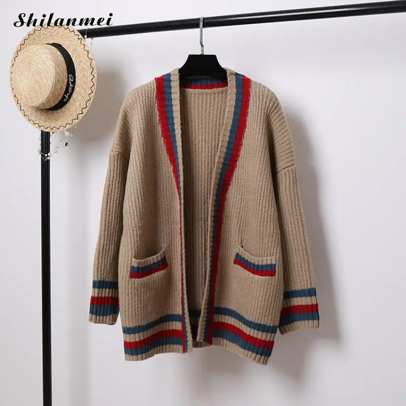 

Korean Women Patchwork Sweater Cardigan Double Pocket V-Neck Cardigan Coat Preppy Girl Plus Size Casual Long Knitted Sweater Top
