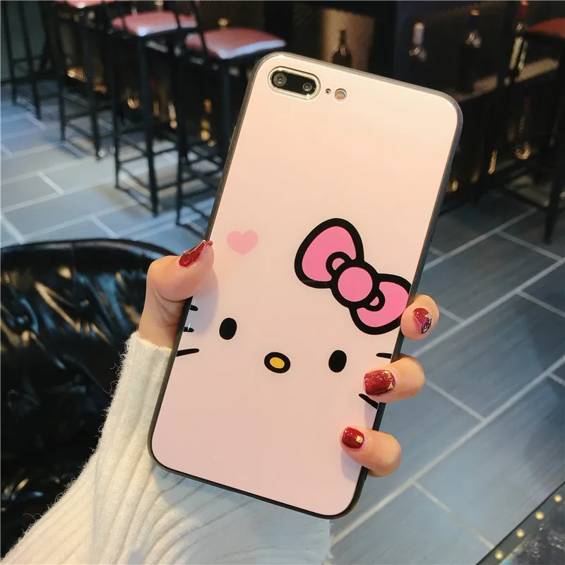 Для iphone 8/7 plus стеклянный чехол розовый рисунок Hello Kitty закаленное стекло + крышка