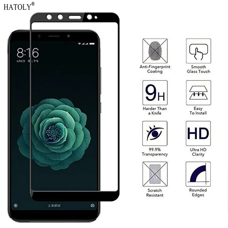 Protector de pantalla para Xiaomi Mi A2, vidrio templado para Xiaomi Mi A2, pel&iacute;cula de vidrio con cubierta de pegamento completa, 2 uds.-1