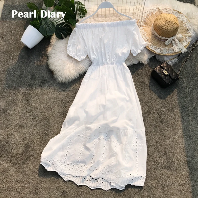 Pearl Diary 2019 женское летнее платье с открытыми плечами однотонное белое сексуальное