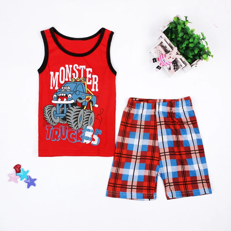 2016 Summer New Arrived Boys Sport Suit Fashion Pattern Children Clothing Set Vest + Grid Shorts Tracksuit Size 90-130 |