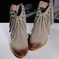 2017 autumn winter new suede leather female beautiful fringed boots sexy thick heel tassel ankle boots tide
