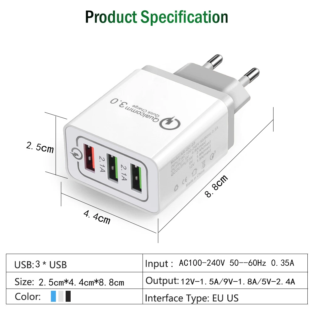 Настенное зарядное устройство адаптер 3 порта Быстрая зарядка 0 Micro USB быстрая